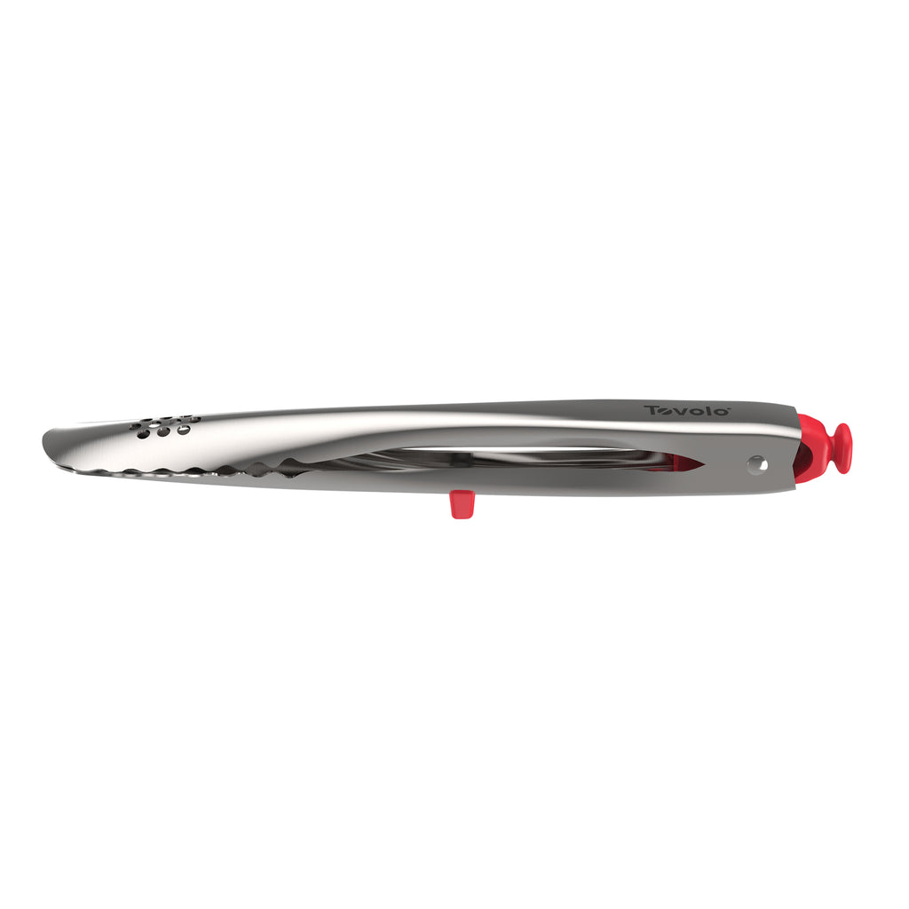 The tovolo Stainless Steel Tongs feature red silicone accents, an easy locking mechanism, and are shown closed on a white background—a must-have kitchen accessory.