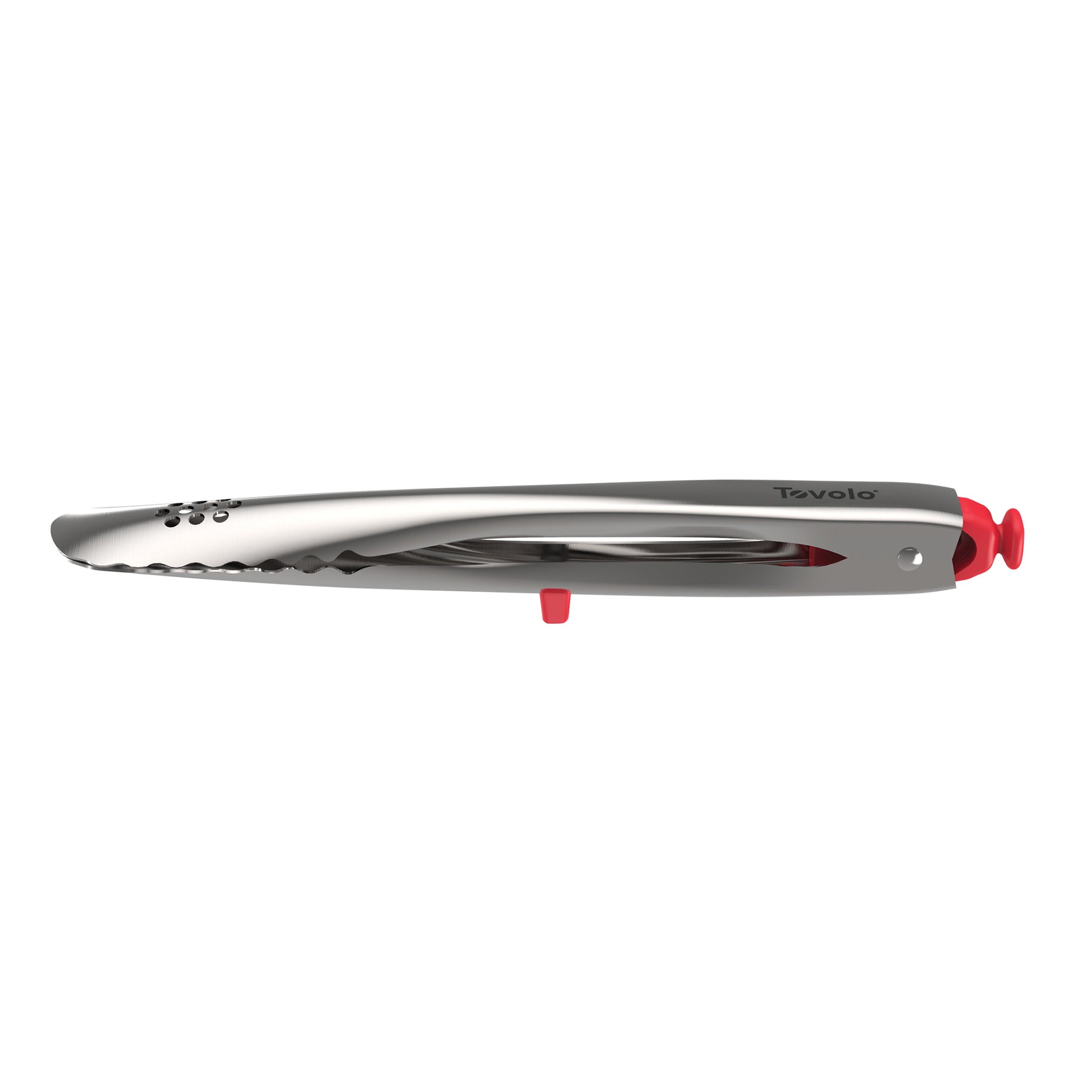The tovolo Stainless Steel Tongs feature red silicone accents, an easy locking mechanism, and are shown closed on a white background—a must-have kitchen accessory.