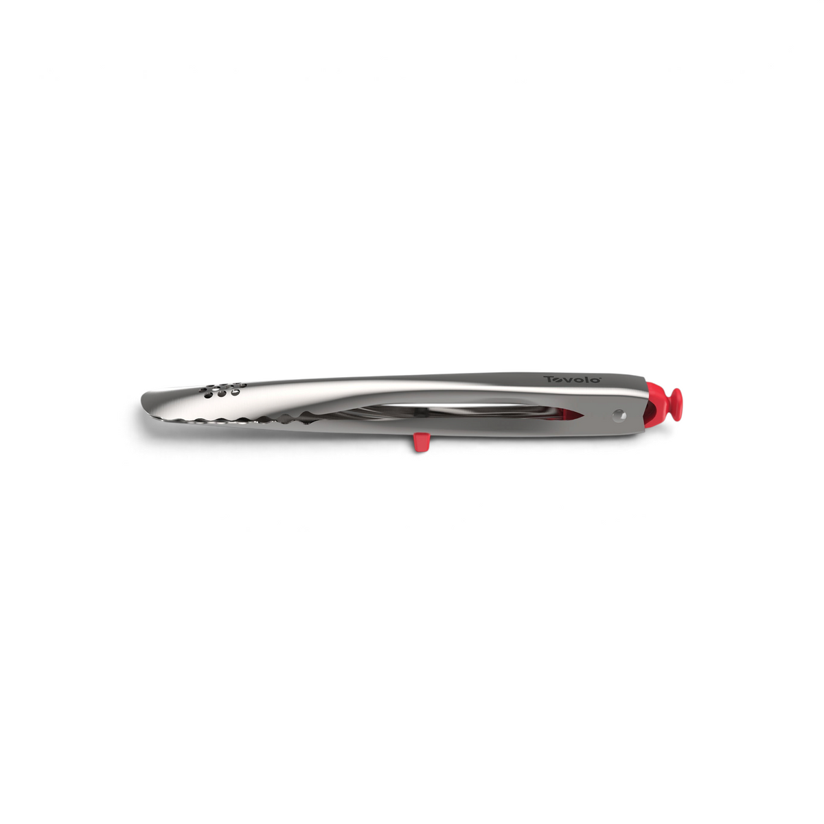 The tovolo Stainless Steel Tongs feature red silicone accents, an easy locking mechanism, and are shown closed on a white background—a must-have kitchen accessory.
