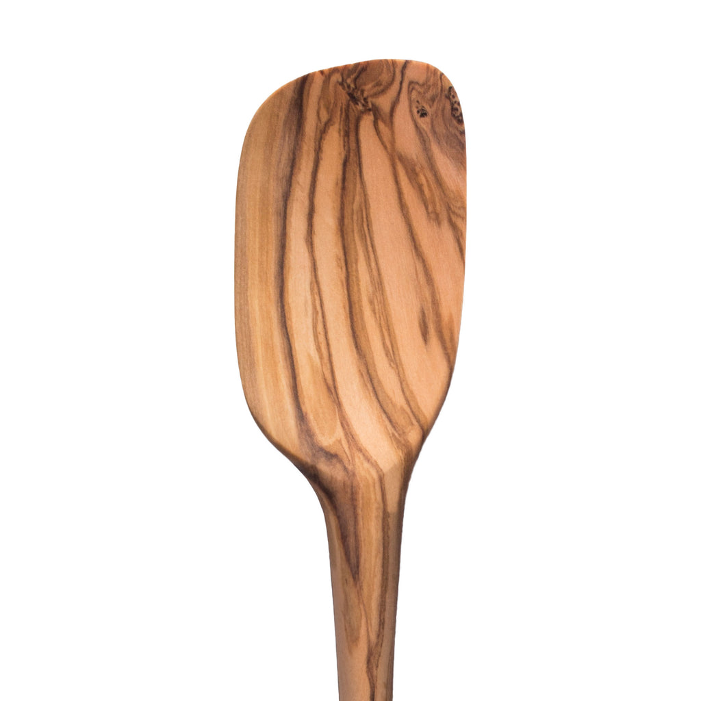 The tovolo Olivewood Spoonula, shown from above with natural grain patterns, is nonstick safe and ideal for everyday kitchen use.