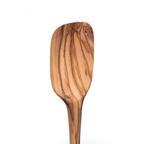 The tovolo Olivewood Spoonula, shown from above with natural grain patterns, is nonstick safe and ideal for everyday kitchen use.