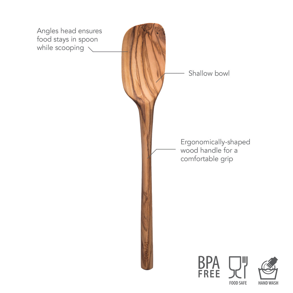 The tovolo Olivewood Spoonula features a shallow bowl, angled head for easy scooping, and an ergonomic handle. Made from BPA-free olivewood, it's food safe, nonstick safe, and recommended for hand washing.