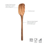The tovolo Olivewood Spoonula features a shallow bowl, angled head for easy scooping, and an ergonomic handle. Made from BPA-free olivewood, it's food safe, nonstick safe, and recommended for hand washing.