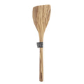 The Olivewood Utensils feature a flat, angled head and long handle, with a natural wood grain and a small label. This nonstick-safe olivewood spatula doubles as an elegant pancake turner.