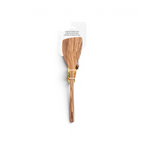 An Olivewood Utensils pancake turner in packaging is shown with a prepared, herb-garnished omelet in the background. The wooden spatula features a flat, wide blade, smooth handle, and is safe for nonstick cookware.