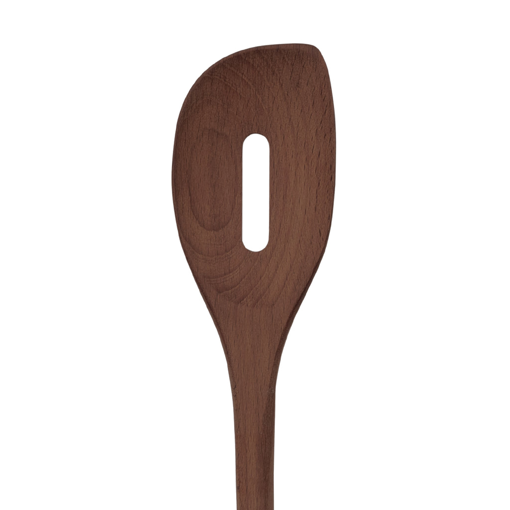 The Beechwood Utensils feature a wooden slotted cooking spoon with an oval hole in the flat, rounded head—ideal for use with non-stick cookware.