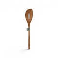 The Beechwood Utensils wooden slotted spoon features a long handle, an oval hole in the head—perfect for non-stick cookware—and a small green and white label at the neck.
