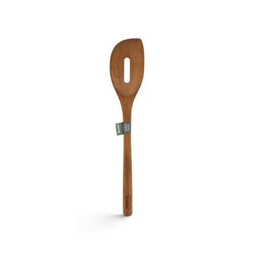 The Beechwood Utensils wooden slotted spoon features a long handle, an oval hole in the head—perfect for non-stick cookware—and a small green and white label at the neck.