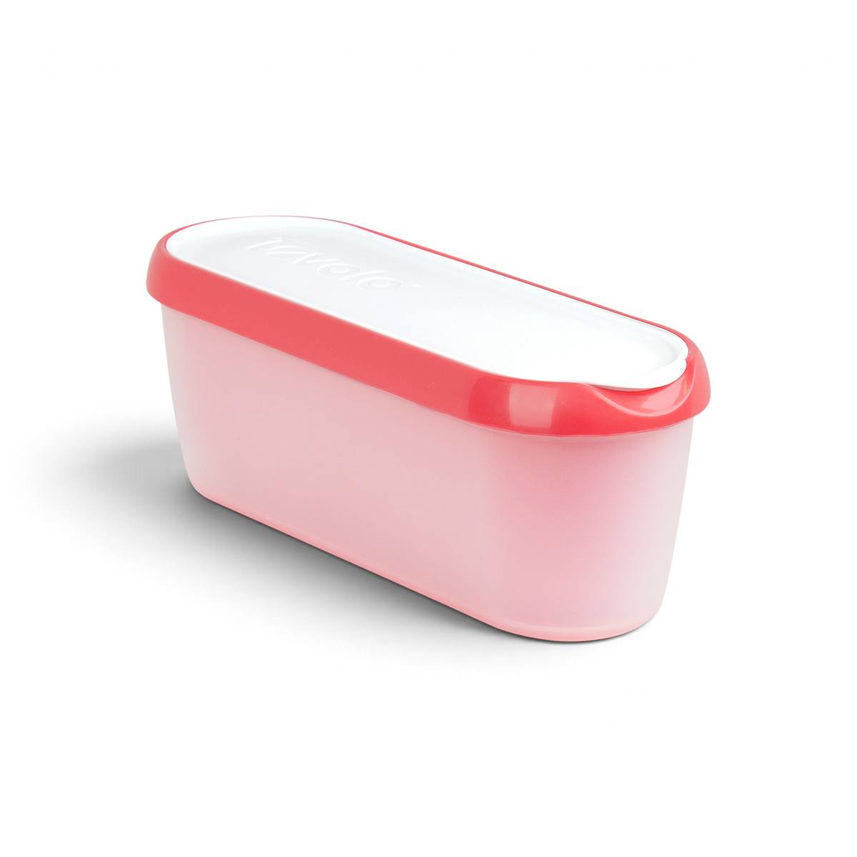 The Glide-A-Scoop Ice Cream Tub is a rectangular, semi-transparent pink plastic container with a white lid and pink rim, designed to keep your homemade ice cream fresh with its airtight seal.