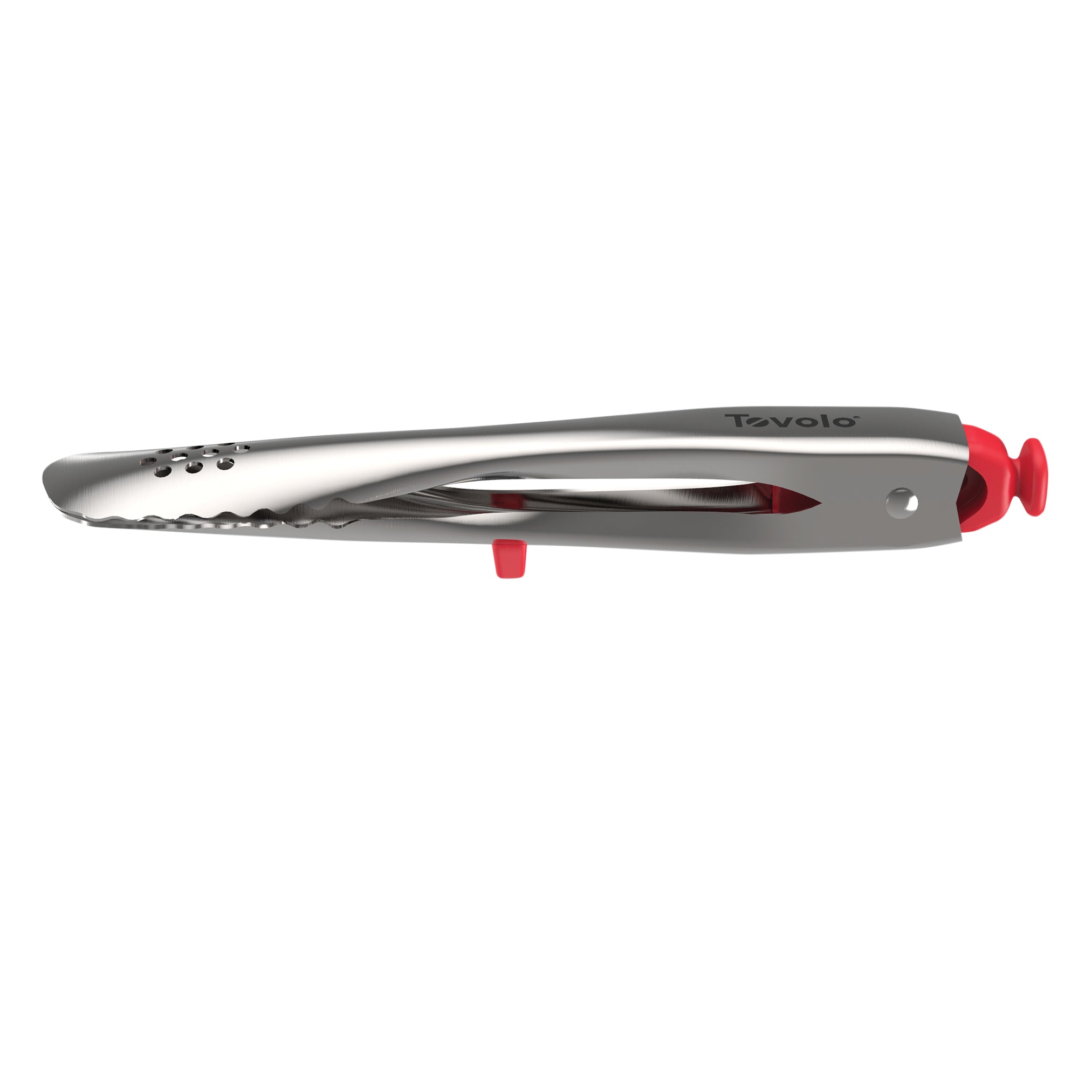 The tovolo Stainless Steel Tongs feature a convenient locking mechanism and comfortable red silicone grips, making them an essential kitchen tool, all displayed against a crisp white background.