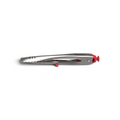 The tovolo Stainless Steel Tongs feature a convenient locking mechanism and comfortable red silicone grips, making them an essential kitchen tool, all displayed against a crisp white background.