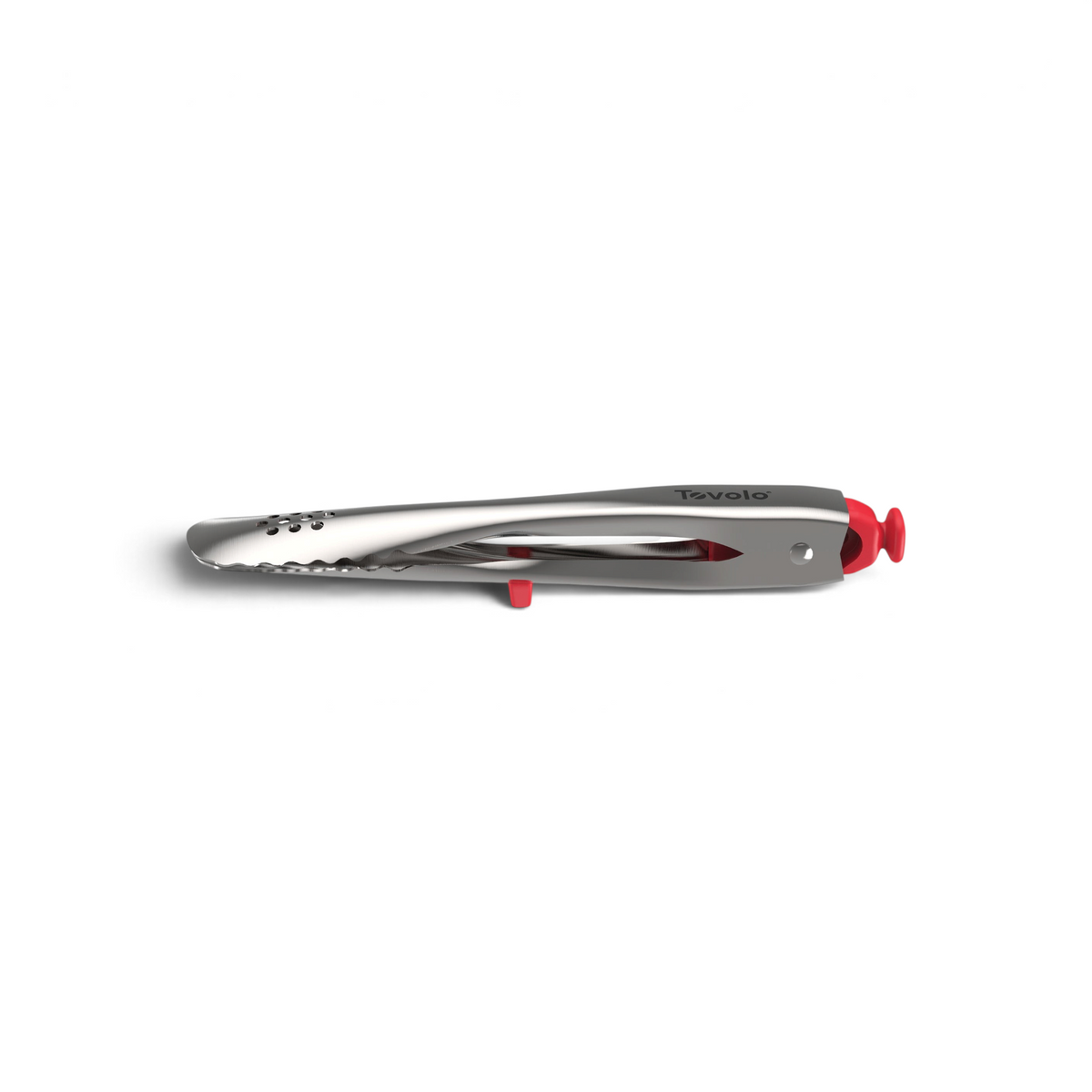 The tovolo Stainless Steel Tongs feature a convenient locking mechanism and comfortable red silicone grips, making them an essential kitchen tool, all displayed against a crisp white background.