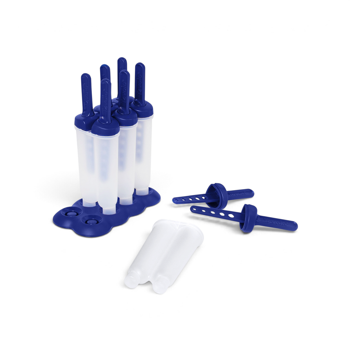 The Pop Molds set includes four blue and white molds upright in a slim blue tray, with two extra molds and blue sticks beside them—ideal for making homemade frozen treats.
