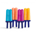 Five colorful frozen treats in blue, orange, pink, yellow, and orange-yellow stand upright with blue handles against a white background, showcasing homemade popsicles made using Pop Molds.