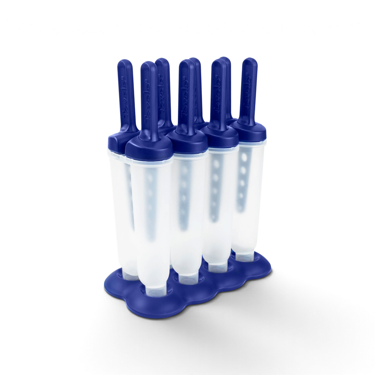 Pop Molds: A set of six clear popsicle molds with blue handles and a matching blue slimline tray, arranged in two rows of three—ideal for homemade frozen treats.