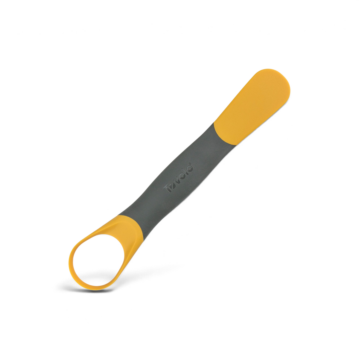 The 2-in-1 Squash Tool has a yellow and gray handle with a flexible nylon spatula tip on one end and a circular loop on the other, ideal for scooping, spreading, and removing seeds.