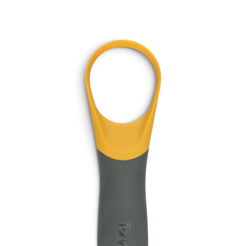 The 2-in-1 Squash Tool features a yellow oval loop and a gray handle, with a durable nylon blade designed for effortless seed removal from squash.