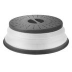 The Collapsible Microwave Food Cover has a white accordion-style body for adjustable height, a black vented lid with small steam vents, a central handle, and is made from high heat-resistant plastic.