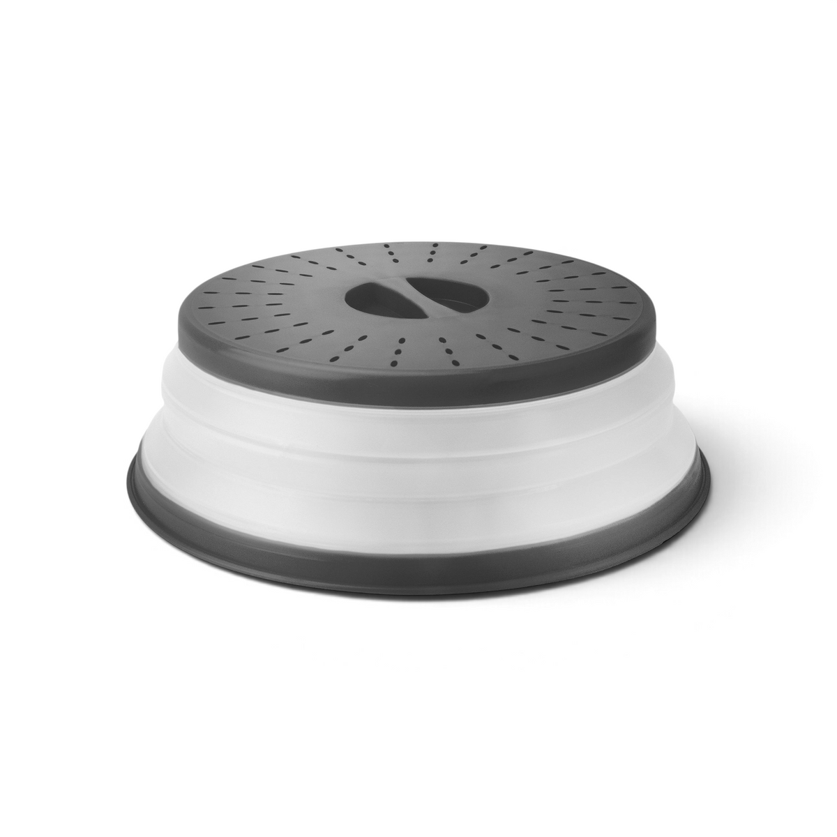 The Collapsible Microwave Food Cover has a white accordion-style body for adjustable height, a black vented lid with small steam vents, a central handle, and is made from high heat-resistant plastic.