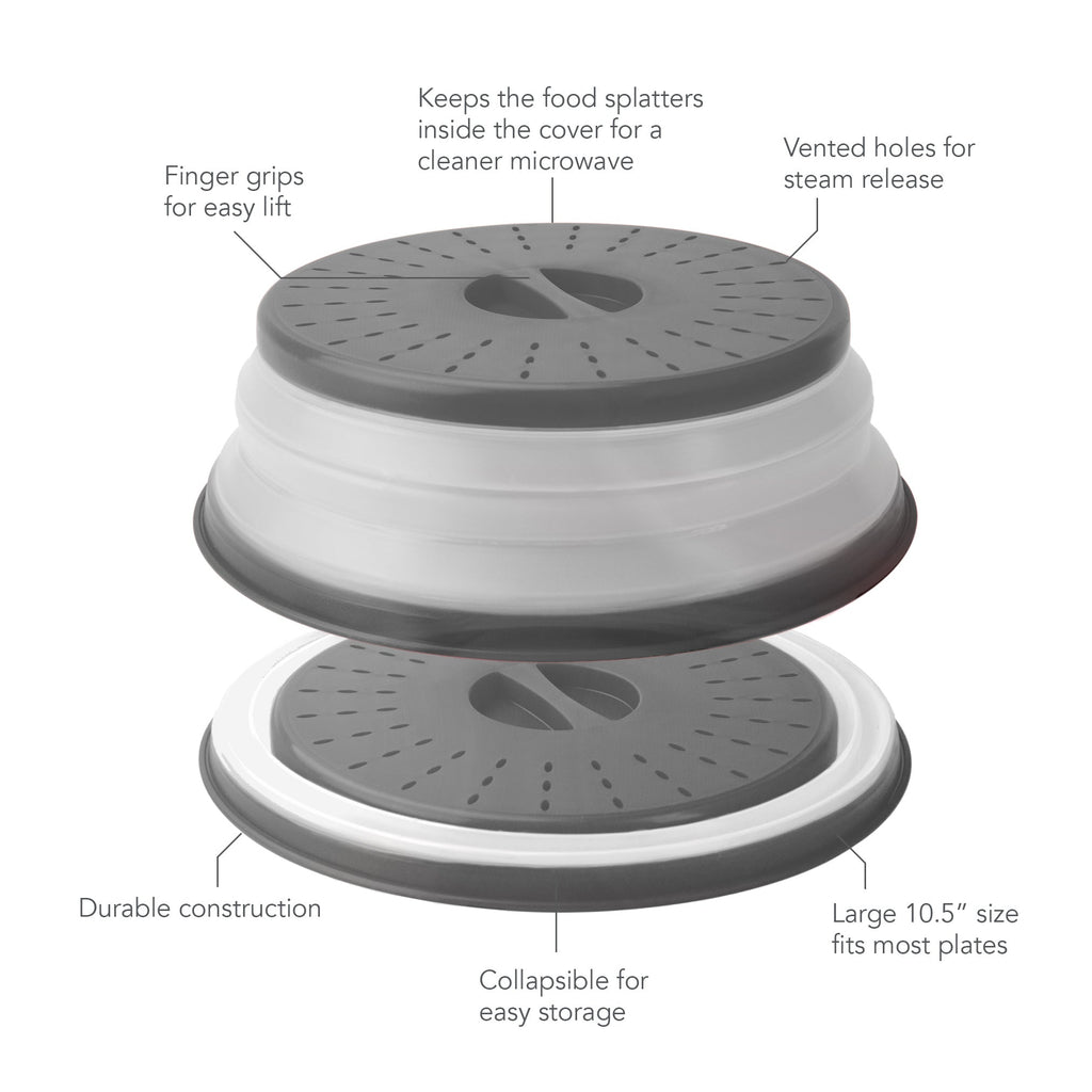 The Collapsible Microwave Food Cover features steam release vents, a vented lid with finger grips, fits 10.5” plates, provides splatter protection, is easy to lift and store, and is made from high heat-resistant plastic.