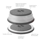 The Collapsible Microwave Food Cover features steam release vents, a vented lid with finger grips, fits 10.5” plates, provides splatter protection, is easy to lift and store, and is made from high heat-resistant plastic.