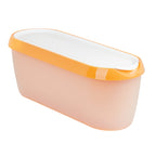 The Glide-A-Scoop Ice Cream Tub is a pastel pink, rectangular plastic container with rounded corners, an orange rim, and a white airtight lid, perfect for storing ice cream.