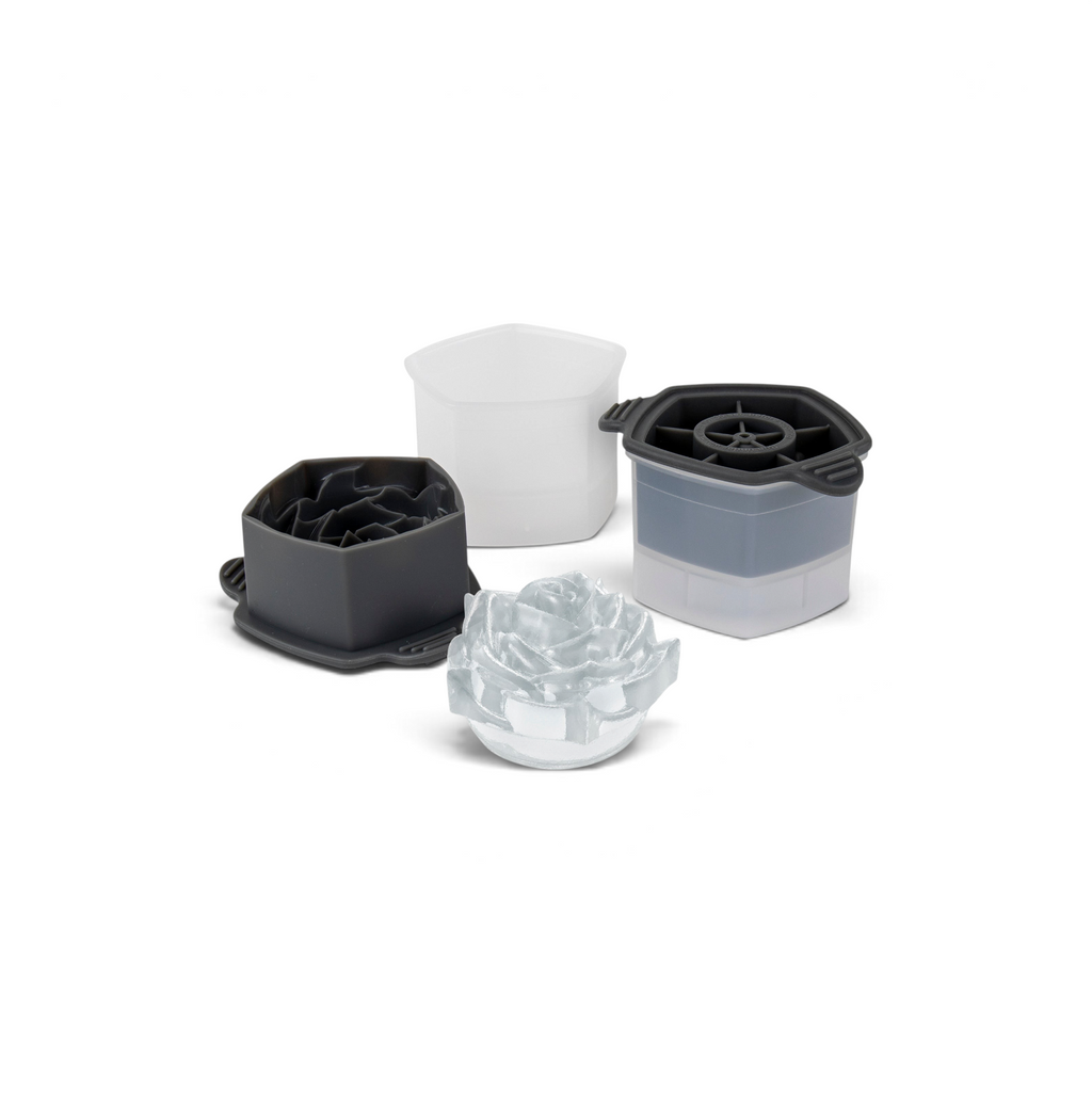 The tovolo Rose Ice Molds (Set of 2) are shown in black and white, with one mold creating a transparent rose-shaped ice cube using these detailed craft molds.