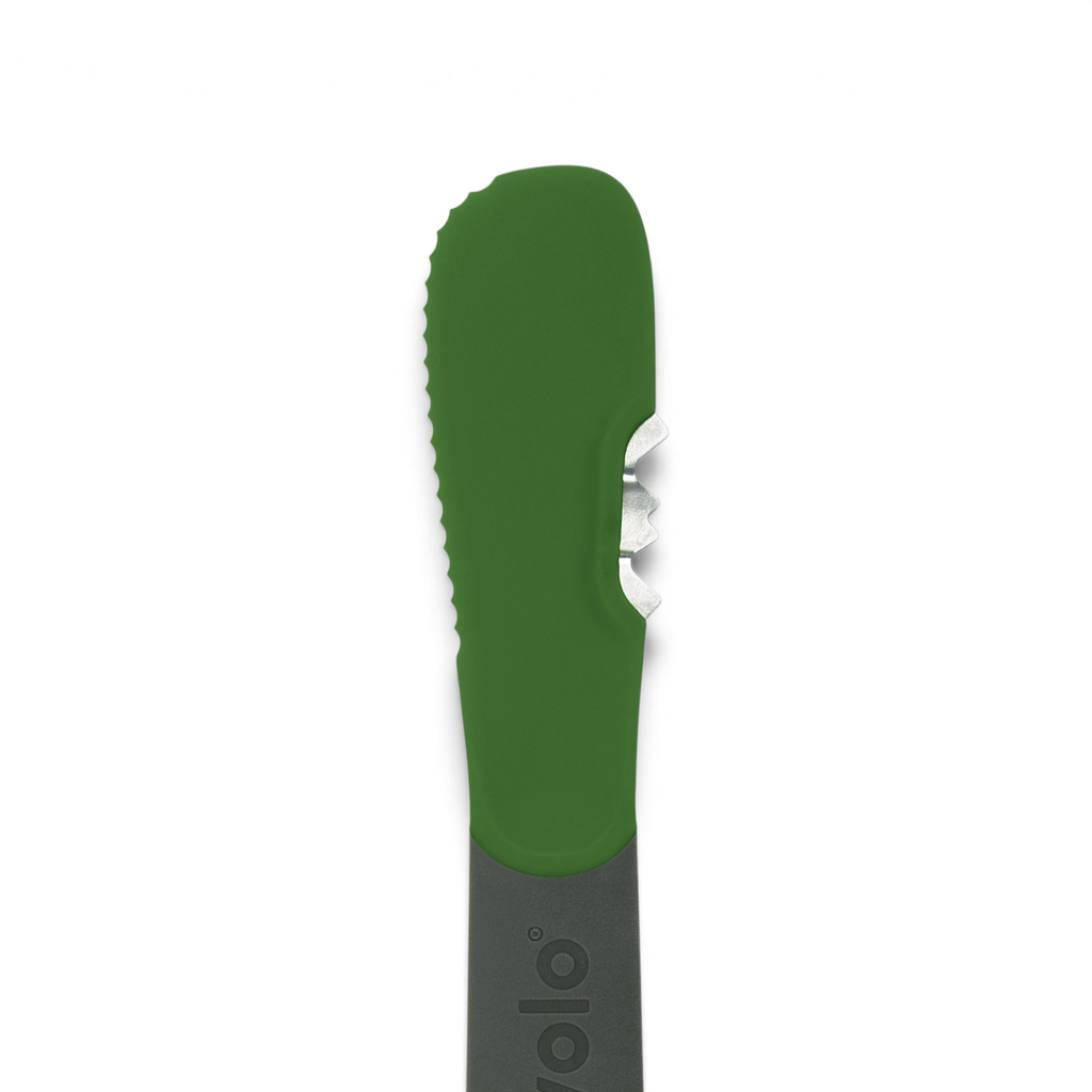 Close-up of the 3-in-1 Avocado Tool featuring a green handle with a gray base, serrated edge, and two small metal blades near the top, perfect for peeling, pitting, or zesting avocados.