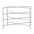 The Stack N Cool Baking Sheet Rack features three horizontal metal shelves in a zigzag design, supported by four legs with black rubber caps. Its open, minimalist style offers compact storage or cooling for trays, pans, and bakeware.