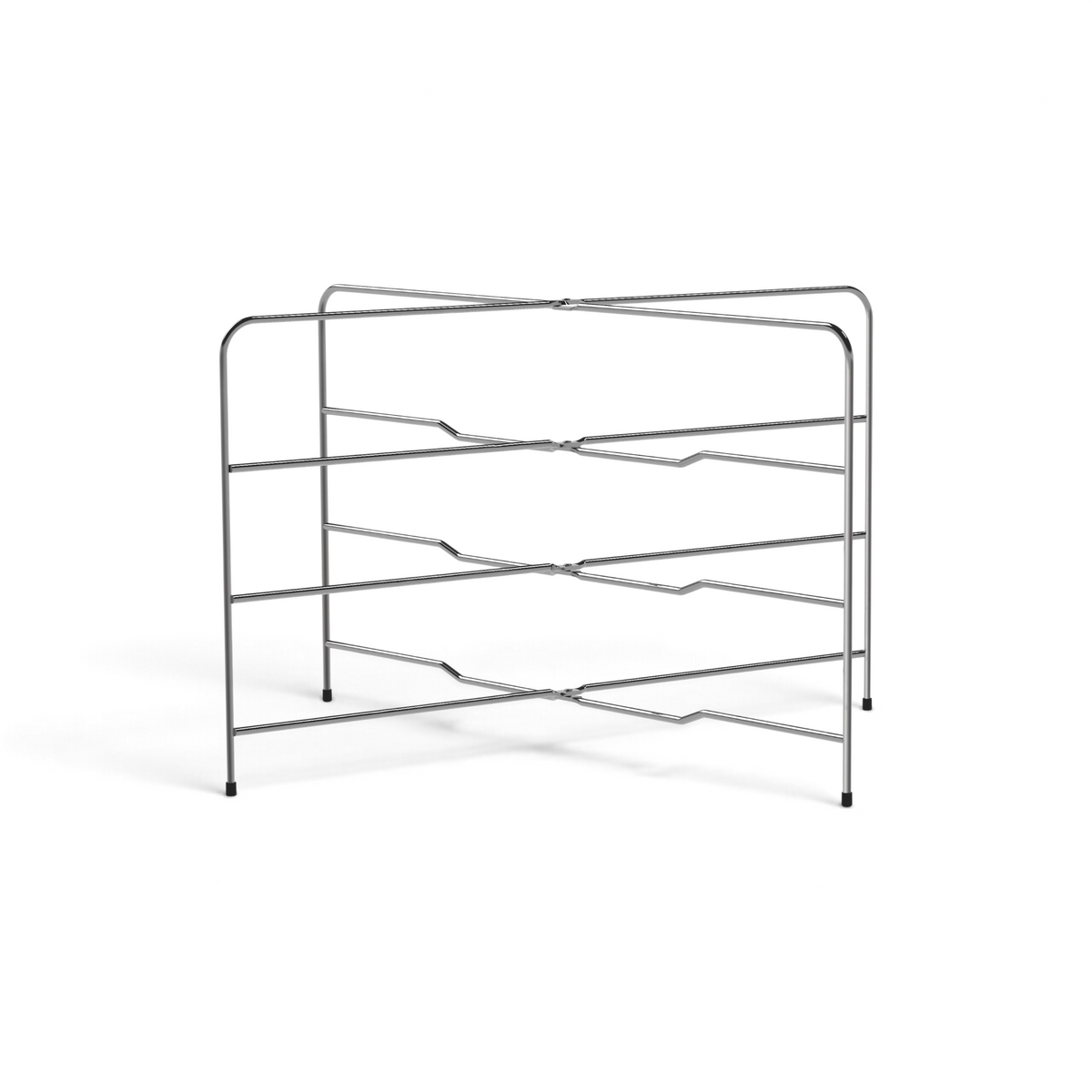 The Stack N Cool Baking Sheet Rack features three horizontal metal shelves in a zigzag design, supported by four legs with black rubber caps. Its open, minimalist style offers compact storage or cooling for trays, pans, and bakeware.