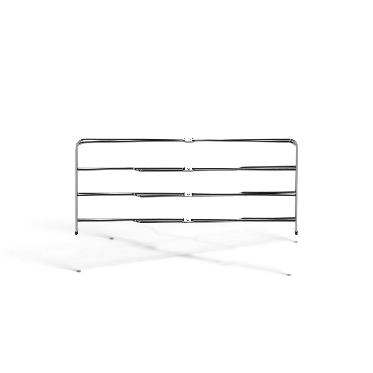 The Stack N Cool Baking Sheet Rack features three horizontal bars and vertical supports on each side, designed for compact storage and to securely hold baking sheets.