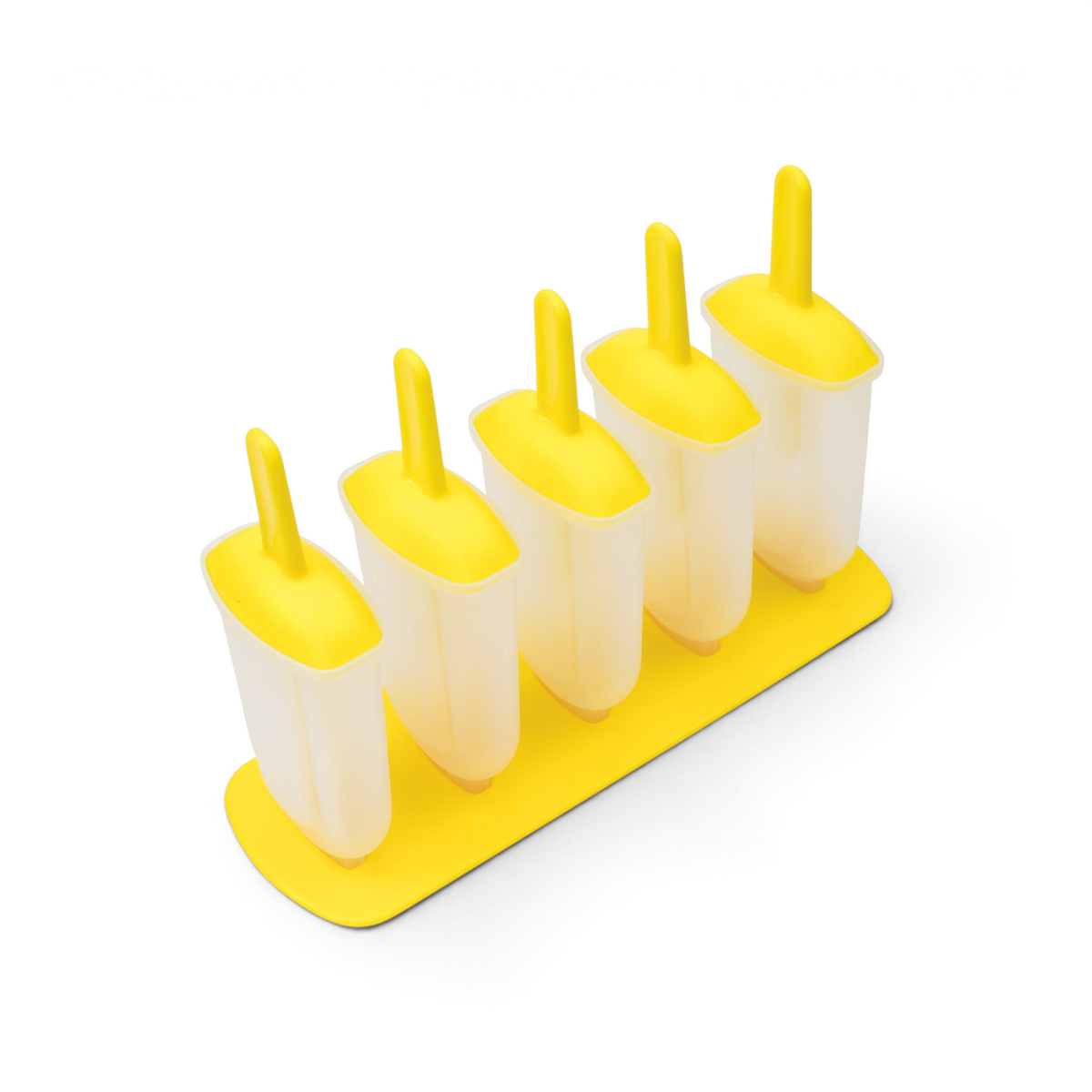 Pop Molds: Set of five empty popsicle molds with yellow handles and matching base, arranged in a row on a white background—ideal for making homemade frozen treats.