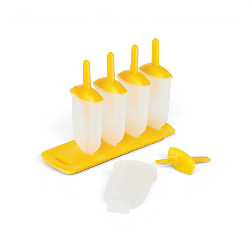 The Pop Molds set features four yellow and white plastic molds in a slim tray; one is displayed in front to show the separate parts, making it perfect for homemade frozen treats.