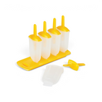 The Pop Molds set features four yellow and white plastic molds in a slim tray; one is displayed in front to show the separate parts, making it perfect for homemade frozen treats.