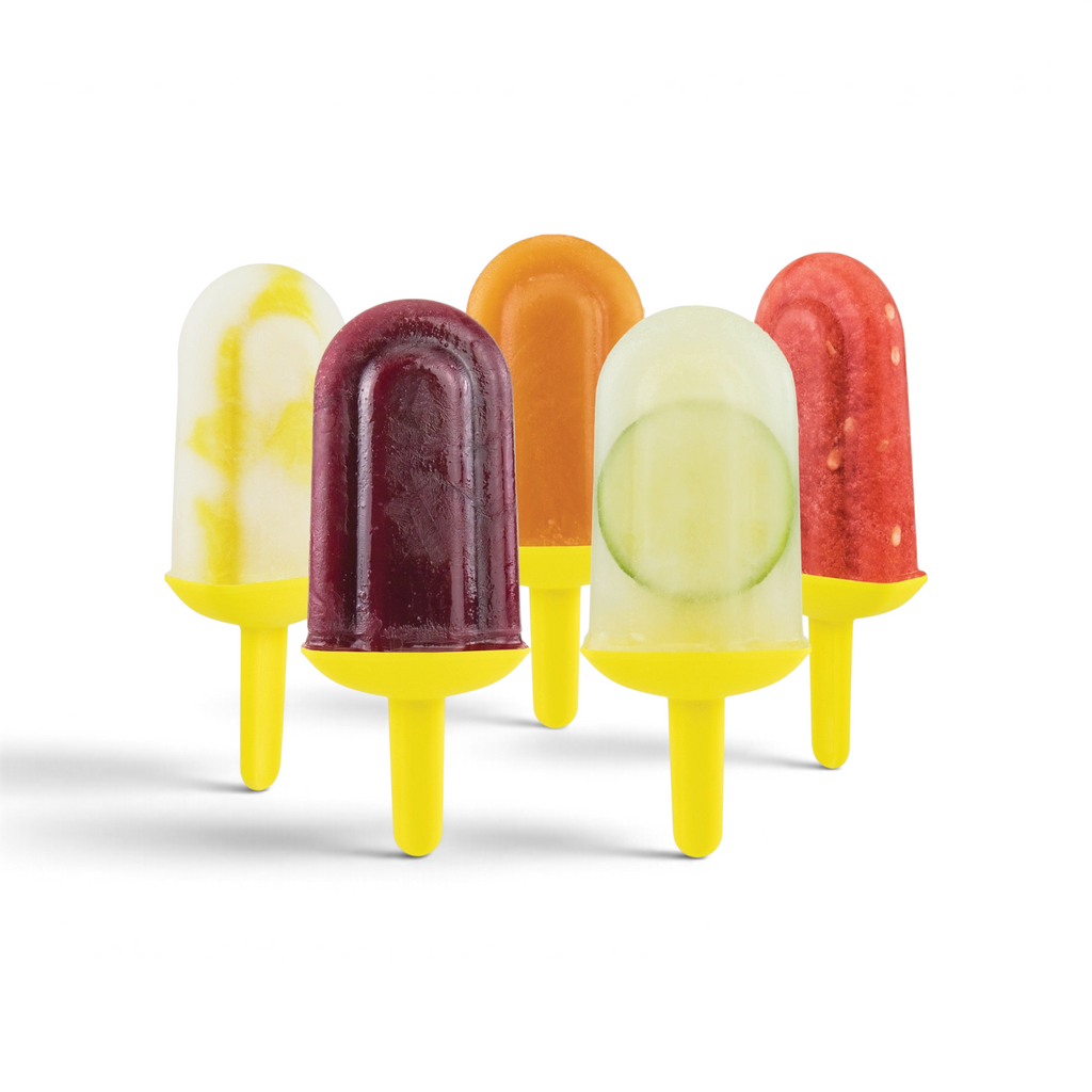 Five vibrant popsicles made with Pop Molds are arranged in a row. Flavors include yellow, purple, orange, green with cucumber, and red with fruit pieces. Each has a yellow handle, perfect for making colorful homemade frozen treats.