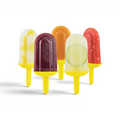 Five vibrant popsicles made with Pop Molds are arranged in a row. Flavors include yellow, purple, orange, green with cucumber, and red with fruit pieces. Each has a yellow handle, perfect for making colorful homemade frozen treats.