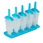 Pop Molds: A set of five clear molds with blue lids and handles in a slim tray holder—ideal for making homemade frozen treats.
