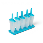 Pop Molds: A set of five clear molds with blue lids and handles in a slim tray holder—ideal for making homemade frozen treats.