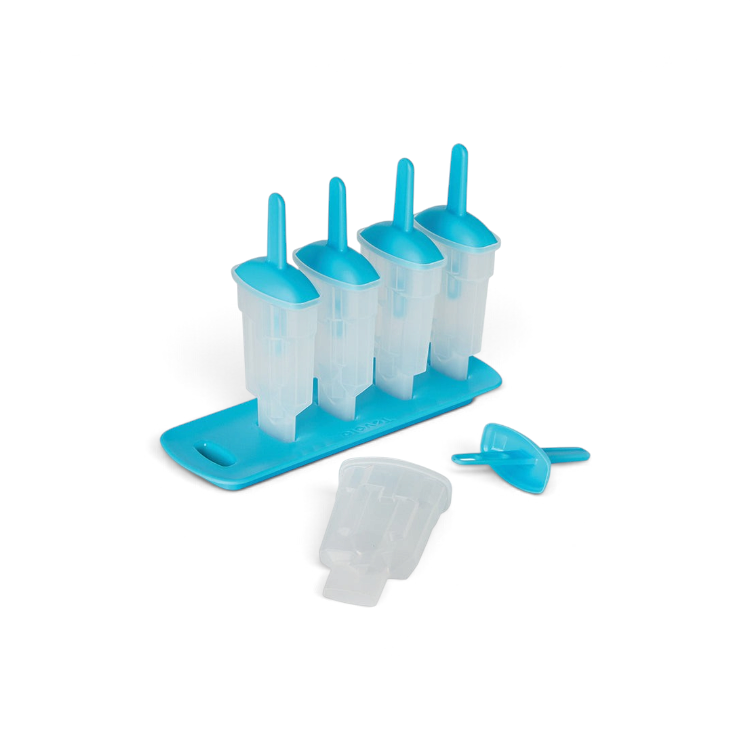 Pop Molds: Set of 4 clear plastic molds with blue lids and handles, arranged in a slim tray. Two molds are shown in front, open—ideal for making homemade frozen treats.