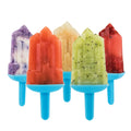 Five colorful, crystal-shaped popsicles with blue handles—made using Pop Molds—feature assorted fruit flavors and textures, neatly arranged in a row on a white background. Perfect for creating homemade frozen treats.