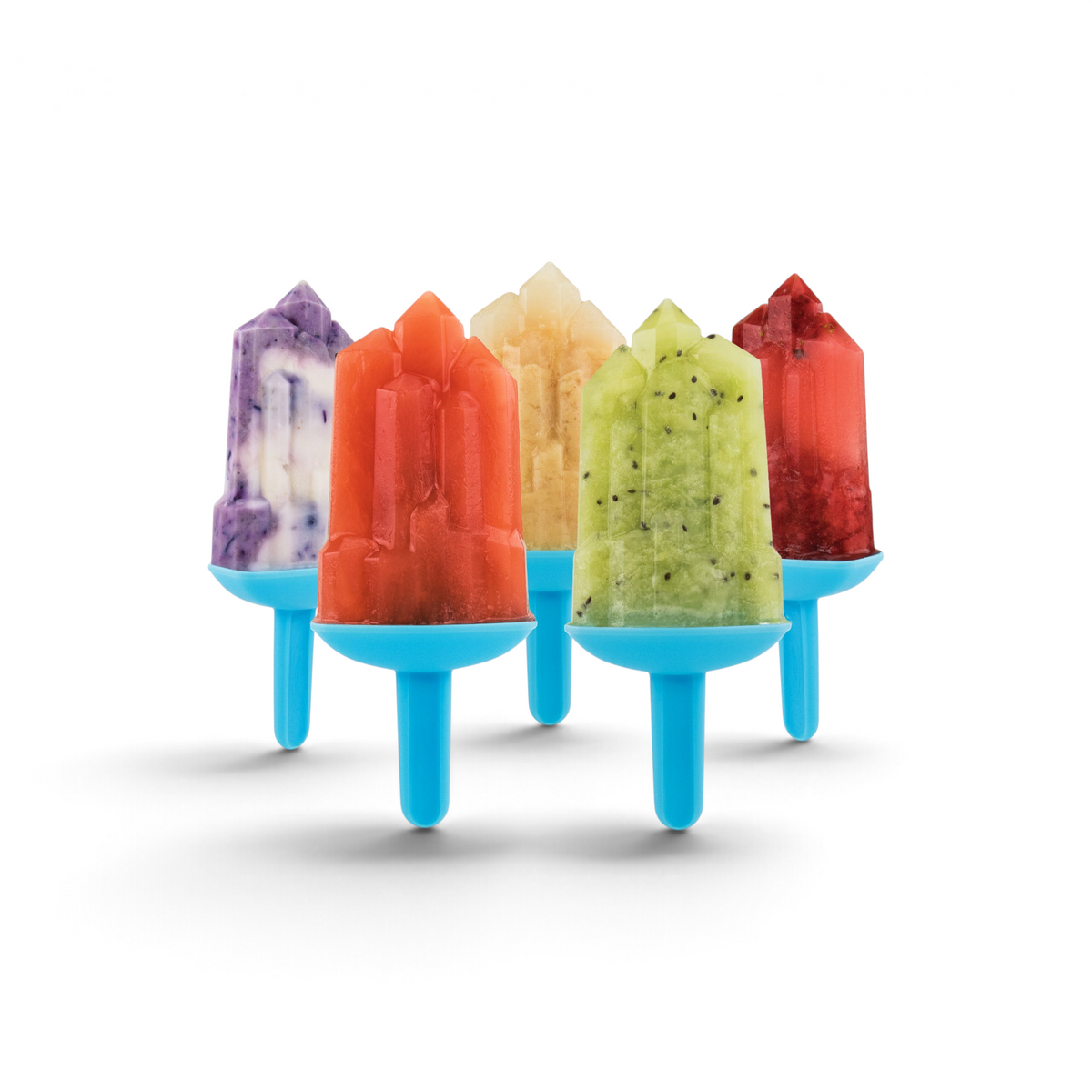 Five colorful, crystal-shaped popsicles with blue handles—made using Pop Molds—feature assorted fruit flavors and textures, neatly arranged in a row on a white background. Perfect for creating homemade frozen treats.