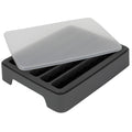 The Water Bottle Ice Mold features four long gray silicone compartments and a translucent lid, shown slightly open. With raised edges and rounded corners, it's perfect for making ice cubes that fit easily into water bottles.