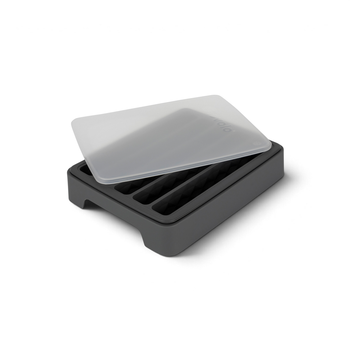 The Water Bottle Ice Mold features four long gray silicone compartments and a translucent lid, shown slightly open. With raised edges and rounded corners, it's perfect for making ice cubes that fit easily into water bottles.