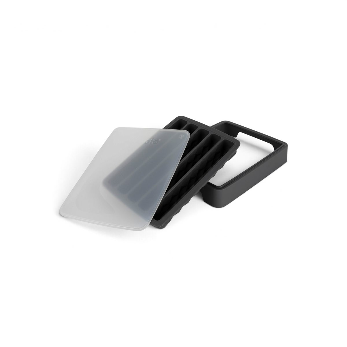The Water Bottle Ice Mold, featuring a black silicone tray with a clear lid and matching frame, is arranged on a white background—ideal for making ice cubes that fit perfectly in water bottles.