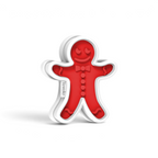 The Gingerbread Cookie Cutters feature a red design with white edges, a smiling face, bow tie, and button details—ideal for Christmas cookies. "Tovolo" is printed on the left side for a festive touch.
