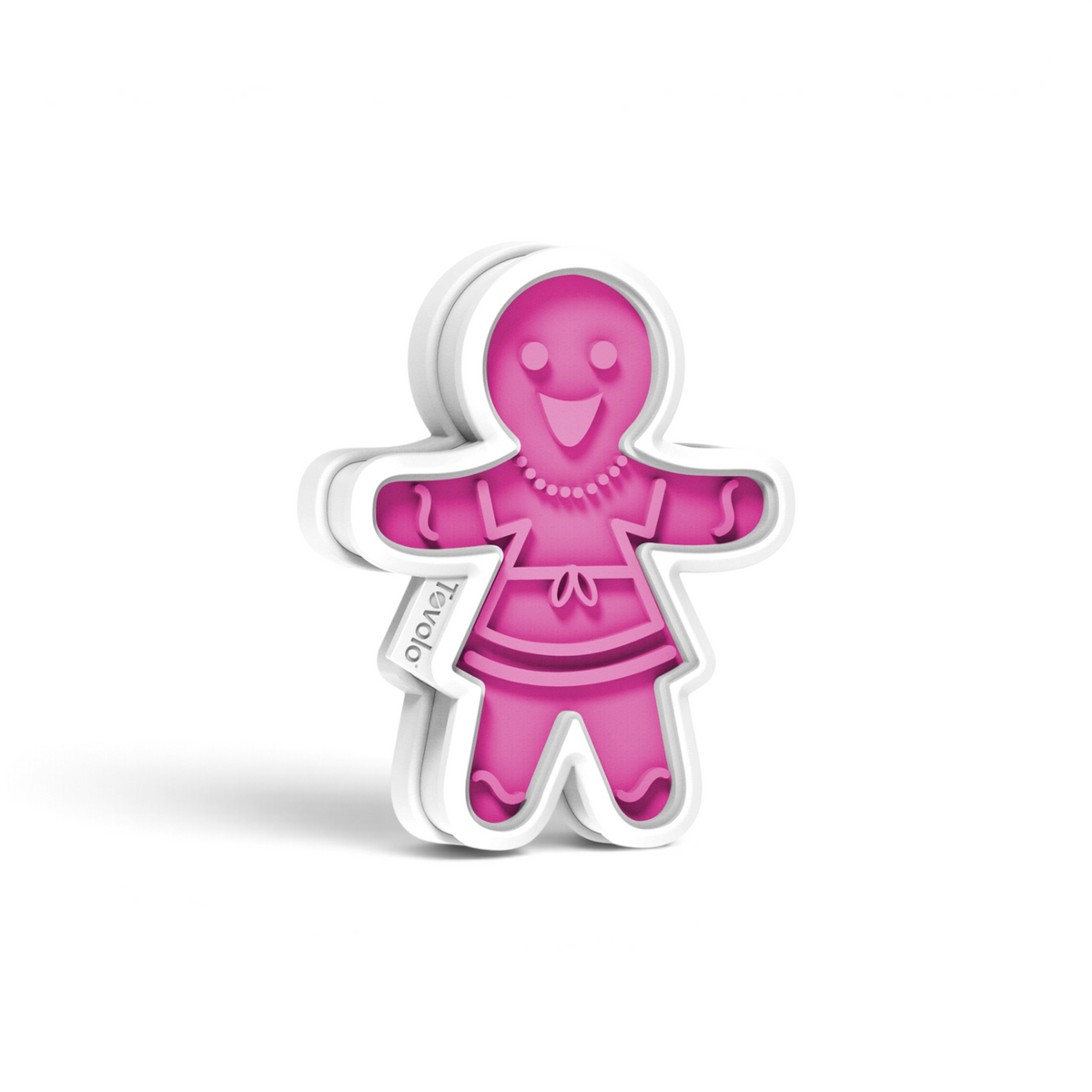 The Gingerbread Cookie Cutters feature a pink and white gingerbread woman design with a smiling face, necklace, dress, and apron details—perfect for festive Christmas cookies. "Tovolo" is embossed on the side.