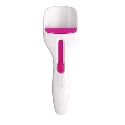 The Cupcake Scoop is a white plastic measuring scoop with a pink adjustable slider, ideal for accurately measuring various quantities when baking cupcakes.