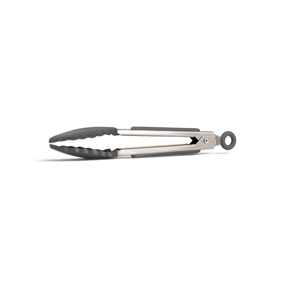 Mini Tongs with black silicone grips, shown closed from the side, feature a locking mechanism and a circular hanging loop at the handle end.