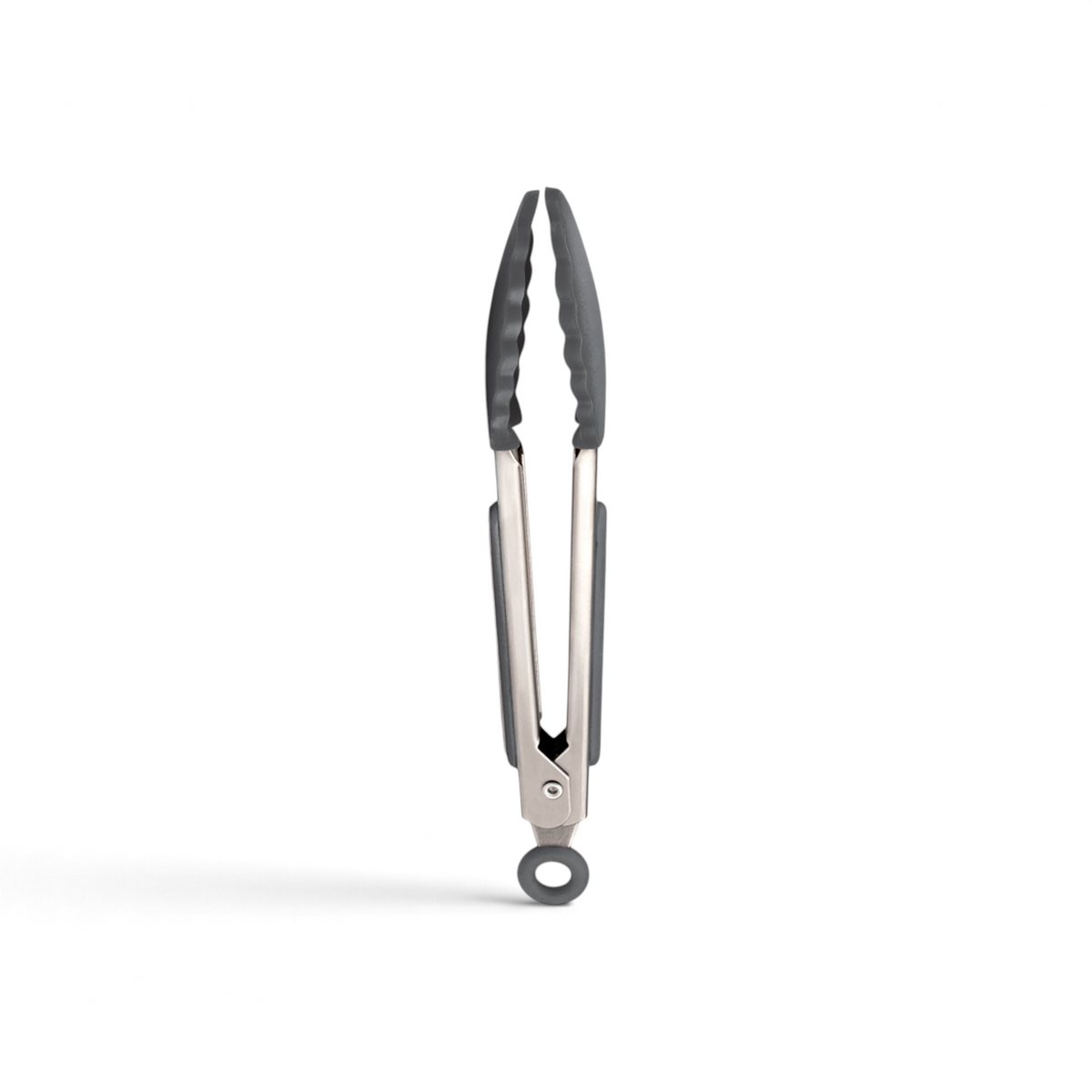 Mini Tongs with black silicone grips, shown closed from the side, feature a locking mechanism and a circular hanging loop at the handle end.