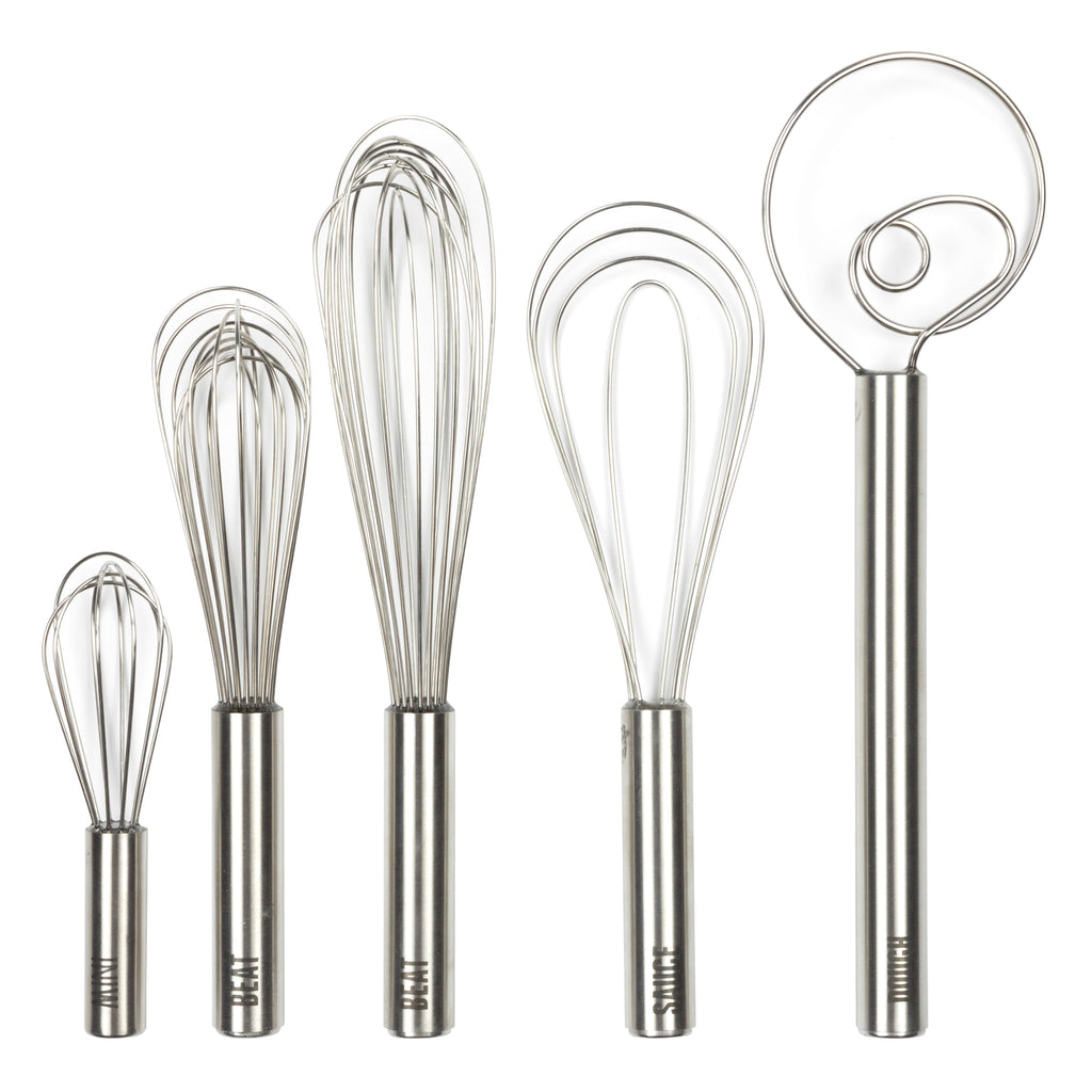Five Specialty Whisks of varying shapes and sizes are lined up vertically against a white background, highlighting their versatility as mixing tools.